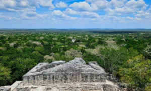Vista sulla giungla dalla piramide maya del sito di Calakmul, che si trova in Campeche nella penisola dello Yucatan