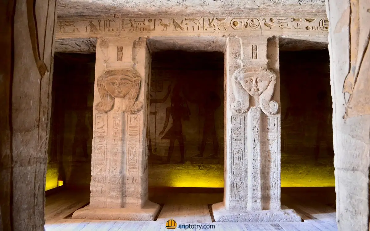 The Hall of Columns in the Temple of Nefertari, one of the two temples at Abu Simbel in Egypt