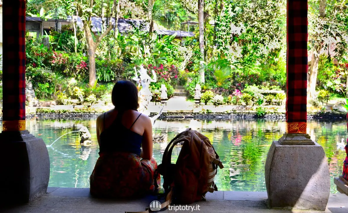 Ubud a Bali cosa vedere -Meditazione davanti alle vasche d'acqua del tempio induista Pura Gunung Kawi Sebatu a Bali in Indonesia - 5 day bali itinerary